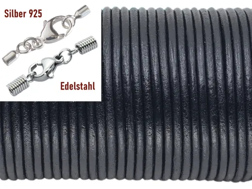 Lederschnur rund Ø 2,0 mm Schwarz mit Edelstahl oder Silber Verschluss