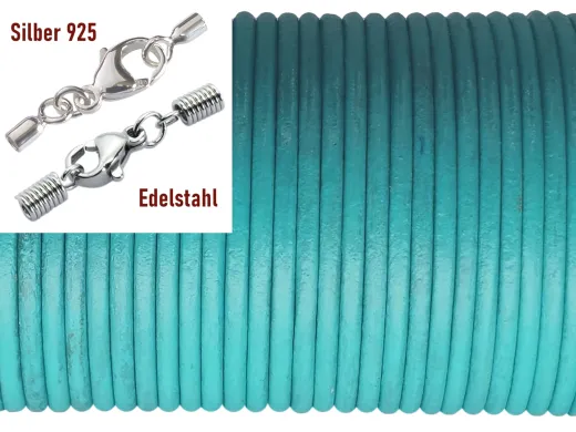 Lederschnur rund Ø 2,0 mm Türkis mit Edelstahl oder Silber Verschluss