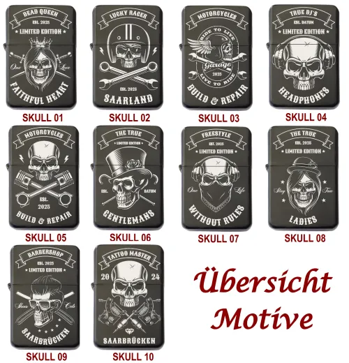 Schwarzes Benzinfeuerzeug mit detailreicher Totenkopf-Gravur auf der Vorderseite – ideal für Sammler, Biker und personalisierte Geschenke.