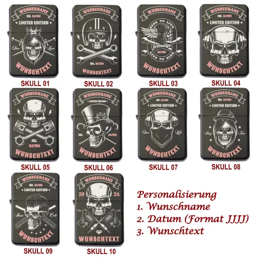 Elegantes schwarzes Benzinfeuerzeug mit hochwertiger Totenkopf-Lasergravur auf der Vorderseite – modernes Design für echte Individualisten.