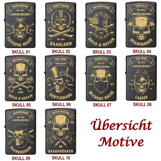 Übersicht Zippo Benzinfeuerzeug • SERIE SKULL 1 • Schwarz matt