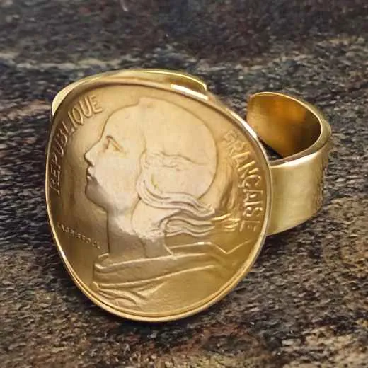 Münzring Frankreich 10 Centimes 1962 - 2001 KOPF DER MARIANNE 24 Karat vergoldet