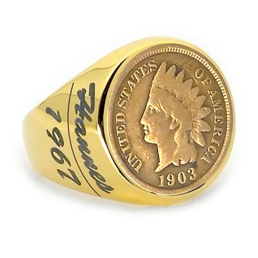 Münzring mit einer original US-Münze Indian Head & Lasergravur. Handgefertigt in Deutschland.