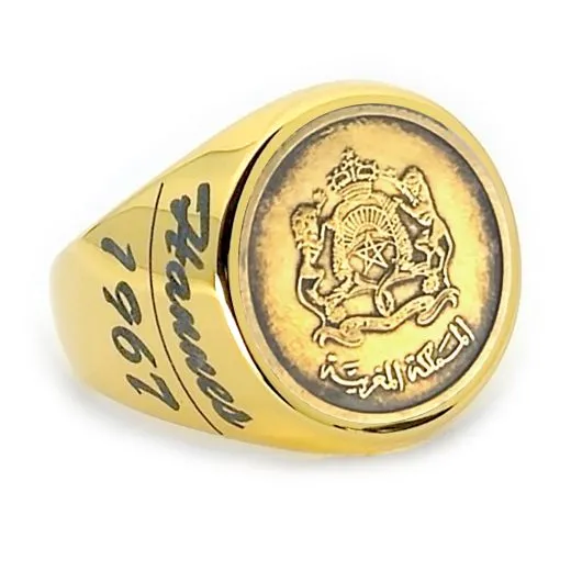 Das kunstvolle Staatswappen von Marokko als zentrales Design des Rings.