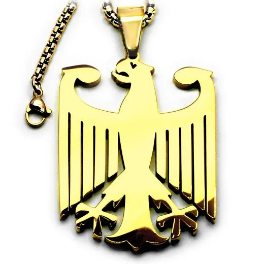 Goldfarbener XXL Anhänger aus Edelstahl mit Adler Symbol.