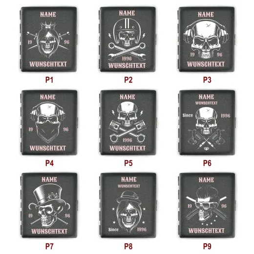 Zigarettenetui SKULL (Motivwahl) für 18 Zigaretten personalisierbar • Schwarz matt Grobstruktur • Lasergravur