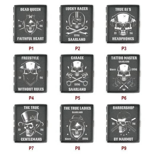 Zigarettenetui SKULL (Motivwahl) für 18 Zigaretten personalisierbar • Schwarz matt Grobstruktur • Lasergravur