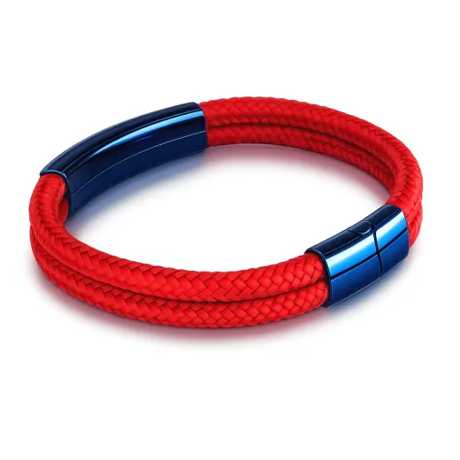 Segeltau Armband 2 x Ø 4 mm mit Edelstahl Magnetverschluss und Gravurplatte, Blau glänzend • Personalisierbar, Farbauswahl