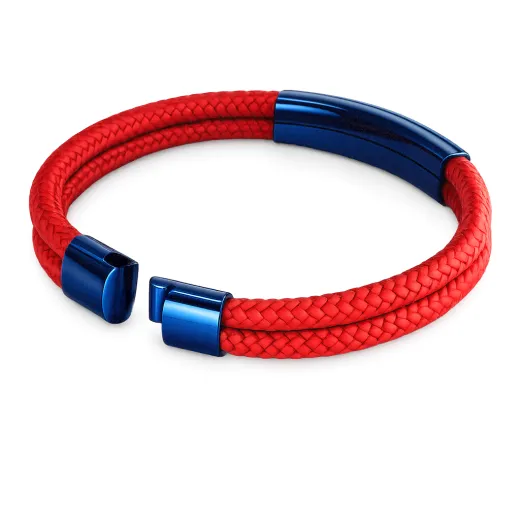 Segeltau Armband 2 x Ø 4 mm mit Edelstahl Magnetverschluss und Gravurplatte, Blau glänzend • Personalisierbar, Farbauswahl