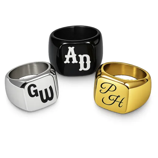 Personalisierter Siegelring aus Edelstahl mit Monogramm-Gravur – in Silber, Schwarz oder Gold