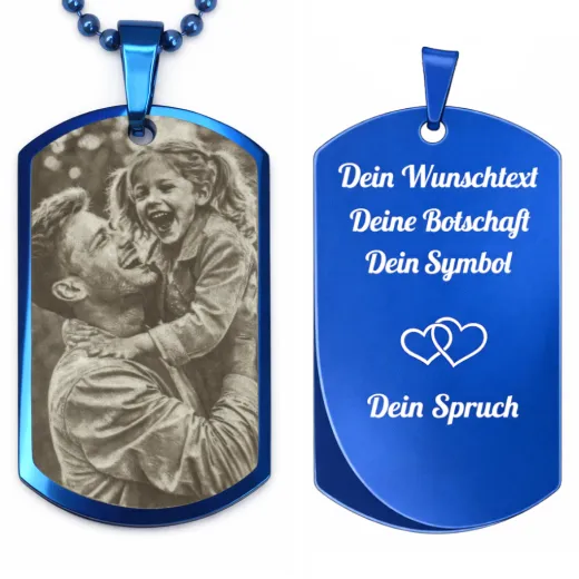 Edelstahl Anhänger Blau mit Foto, Text & Motiv Gravur inkl. silberfarbener 60 cm langen Kugelkette • Personalisierbar