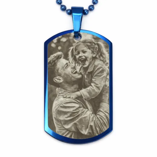 Edelstahl Anhänger Blau mit Foto, Text & Motiv Gravur inkl. silberfarbener 60 cm langen Kugelkette • Personalisierbar