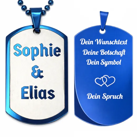 Edelstahl Anhänger Blau mit Wunschgravur inkl. silberfarbener 60 cm langen Kugelkette • Personalisierbar