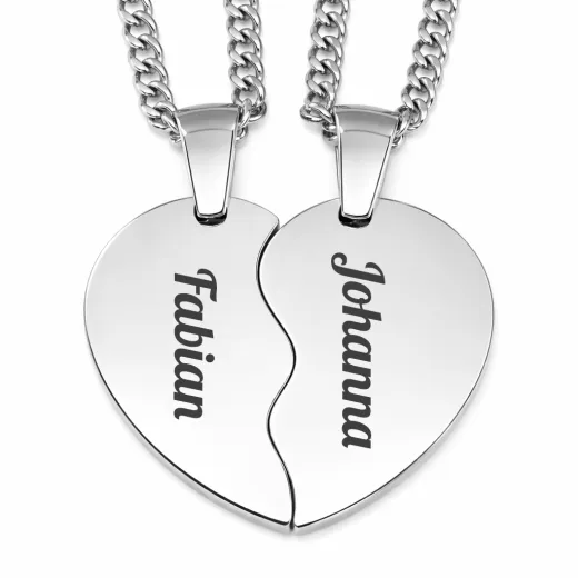 Partneranhänger in Herzform aus Edelstahl im Farbton Silber inklusive 60 cm Panzerkette • Personalisierbar