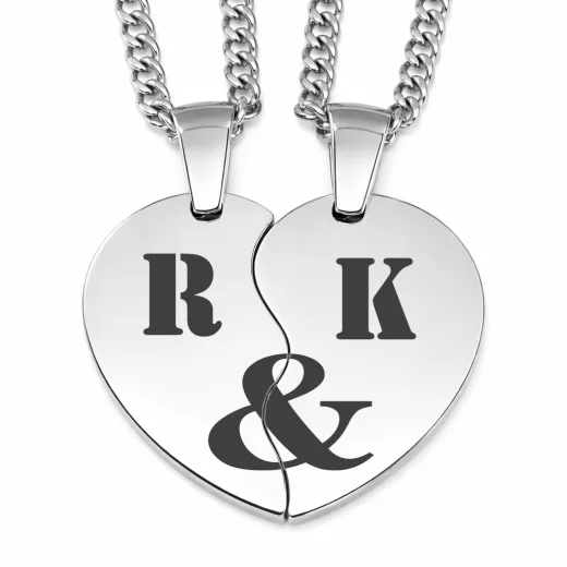Partneranhänger in Herzform aus Edelstahl im Farbton Silber inklusive 60 cm Panzerkette • Personalisierbar
