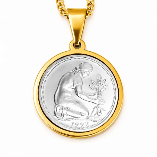 Münzanhänger Deutschland KULTURFRAU mit Panzerkette 2mm Farbton Gold » 50 Pfennig 1949 - 2001 personalisierbar