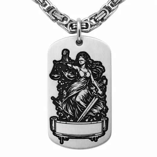 Anhänger Dog Tag aus Edelstahl mit Tiefengravur, Motiv Justitia, mit Wunschgravur