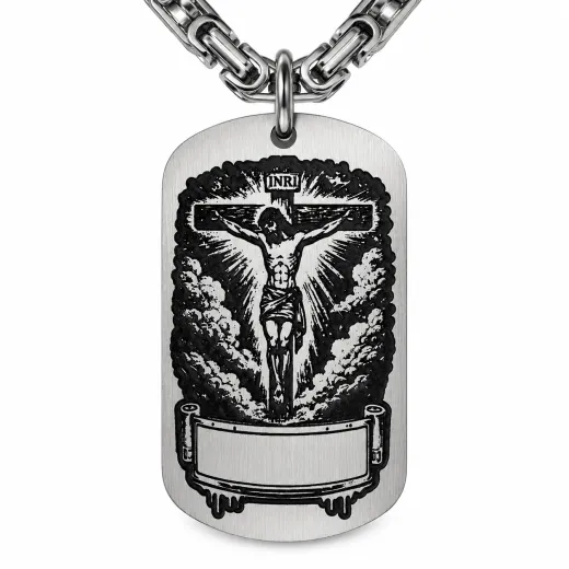 Anhänger Dog Tag aus Edelstahl mit Tiefengravur, Motiv Jesus am Kreuz, mit Wunschgravur