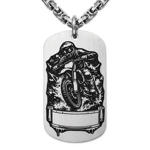Anhänger Dog Tag aus Edelstahl mit Tiefengravur, Motiv Motocross-Fahrer, mit Wunschgravur