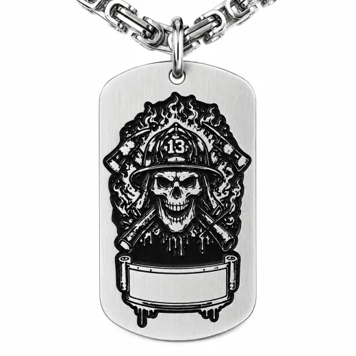 Anhänger Dog Tag aus Edelstahl mit Tiefengravur, Motiv Feuerwehrmann mit Äxten, mit Wunschgravur