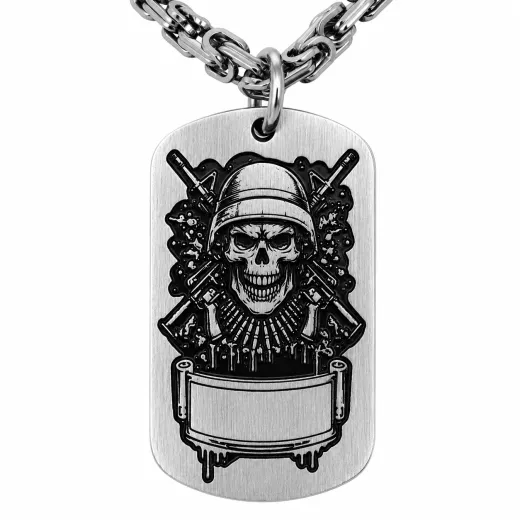 Anhänger Dog Tag aus Edelstahl mit Tiefengravur, Motiv Soldat mit Sturmgewehr, mit Wunschgravur
