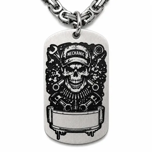 Anhänger Dog Tag aus Edelstahl mit Tiefengravur, Motiv Mechaniker-Totenkopf, mit Wunschgravur