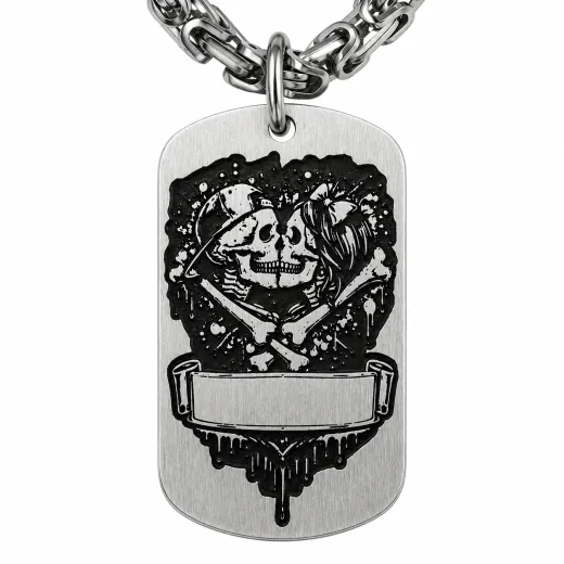 Dog Tag Partneranhänger aus Edelstahl mit Tiefengravur, Motiv Totenköpfe, mit Wunschgravur