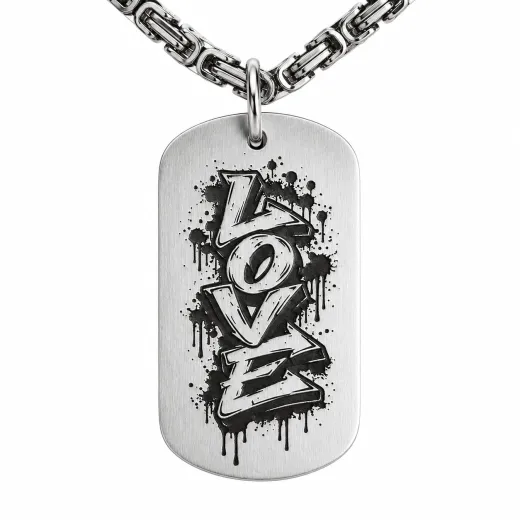 Anhänger Dog Tag aus Edelstahl mit Tiefengravur, Motiv LOVE Graffiti, Wunschgravur optional