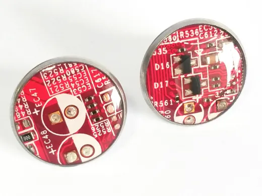1 Paar Upcycling Ohrstecker Edelstahl Ø 18mm Computer Platine in Rot