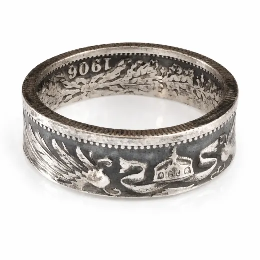 Edler Münzring gefertigt aus einer originalen 1 Mark Silbermünze des Deutschen Kaiserreichs, geprägt zwischen 1891 und 1916.