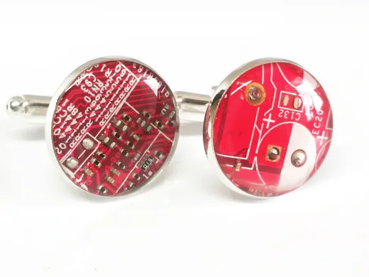 1 Paar Upcycling Metall Manschettenknöpfe Ø 17,8 mm Computer Platine in Rot