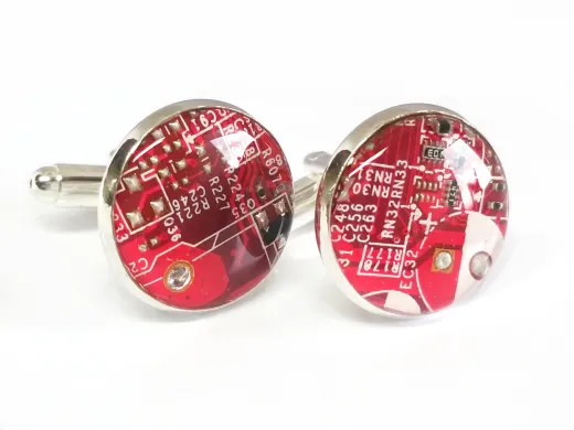 1 Paar Upcycling Metall Manschettenknöpfe Ø 17,8 mm Computer Platine in Rot