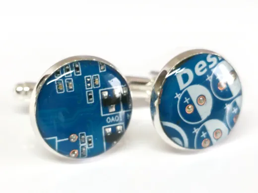 1 Paar Upcycling Metall Manschettenknöpfe Ø 17,8 mm Computer Platine in Blau