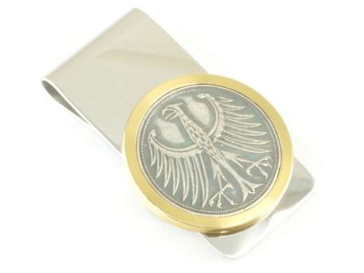 Geldclip 5 DM Deutschland Silberadler mit Messing Ronde vergoldet personalisierbar