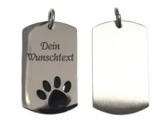 Anhänger Dog Tag Edelstahl Farbton Silber mit Pfote • Personalisierbar
