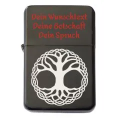 Edles Feuerzeug in Schwarz mit detailreicher Gravur des Lebensbaums – stilvoll & symbolträchtig.