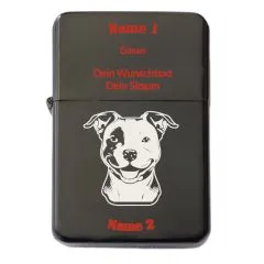 Robustes und elegantes Benzinfeuerzeug mit schwarzer Oberfläche und Hunderassen Gravur.