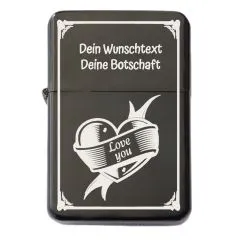 Benzinfeuerzeug mit Gravur • LOVE YOU • Schwarz