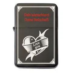 Benzinfeuerzeug mit Gravur • LOVE YOU • Schwarz