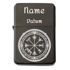 Benzinfeuerzeug mit Gravur • NORDISCHER KOMPASS • Schwarz