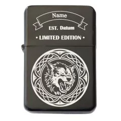 Benzinfeuerzeug mit Gravur • WOLF • Schwarz