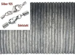 Lederschnur rund Ø 2,0 mm Grau Vintage • Edelstahl oder Silber Verschluss