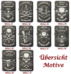 Schwarzes Benzinfeuerzeug mit detailreicher Totenkopf-Gravur auf der Vorderseite – ideal für Sammler, Biker und personalisierte Geschenke.