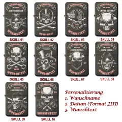 Elegantes schwarzes Benzinfeuerzeug mit hochwertiger Totenkopf-Lasergravur auf der Vorderseite – modernes Design für echte Individualisten.