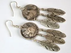 Ohrhänger mit original Münzen USA 5 cents Indianer/ Bison Buffalo Nickel mit Feder