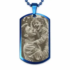 Edelstahl Anhänger Blau mit Foto, Text & Motiv Gravur inkl. silberfarbener 60 cm langen Kugelkette • Personalisierbar