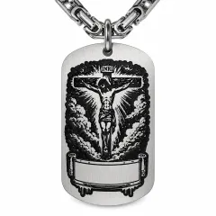 Anhänger Dog Tag aus Edelstahl mit Tiefengravur, Motiv Jesus am Kreuz, mit Wunschgravur