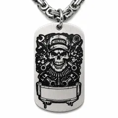 Anhänger Dog Tag aus Edelstahl mit Tiefengravur, Motiv Mechaniker-Totenkopf, mit Wunschgravur
