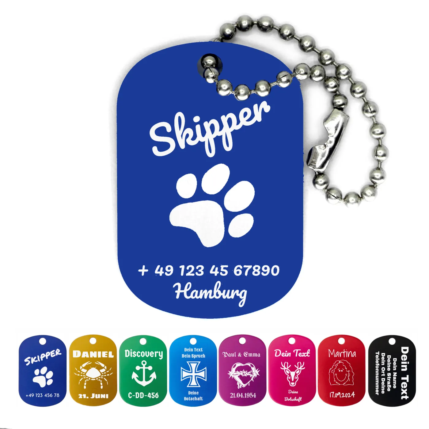 Dog Tag Anhänger aus eloxiertem Aluminium inklusive 10 cm Kugelkette, inklusive Gravur