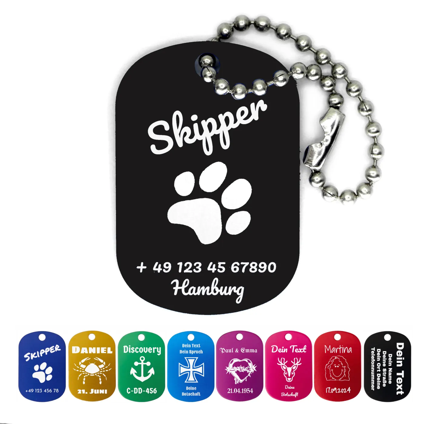 Dog Tag Anhänger aus eloxiertem Aluminium inklusive 10 cm Kugelkette » Personalisierbar – Ansicht 1